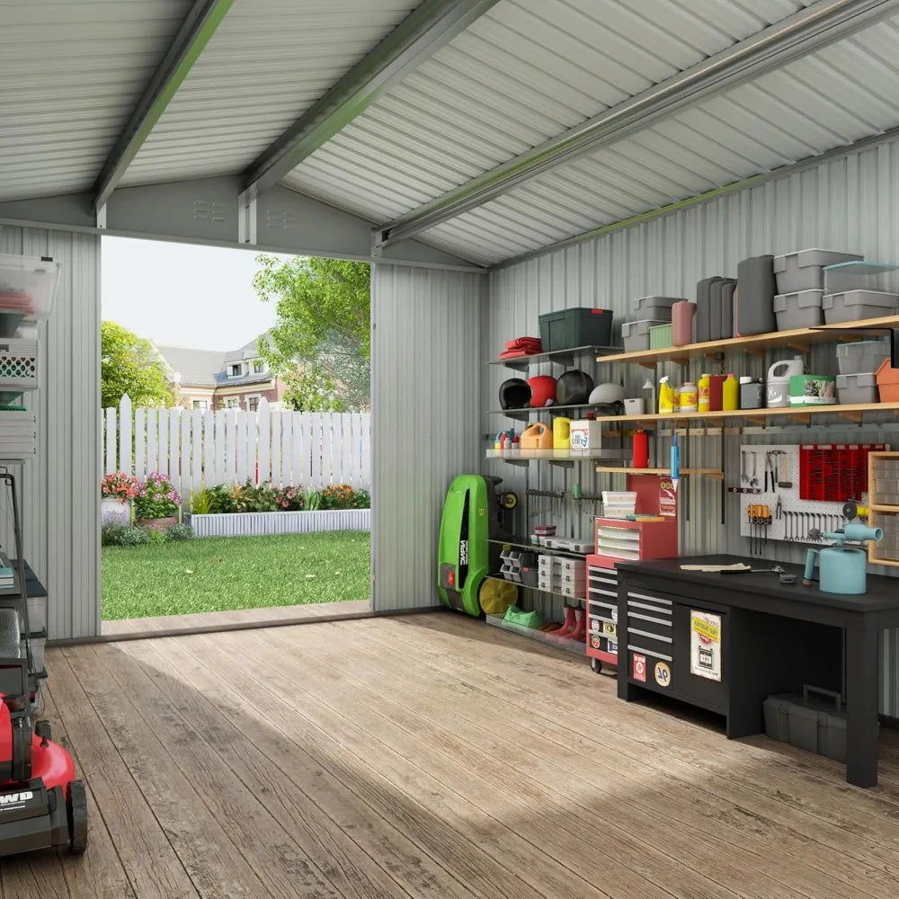 8 x 12 FT Outdoor Storage Shed, Large Metal Tool Shed Grey