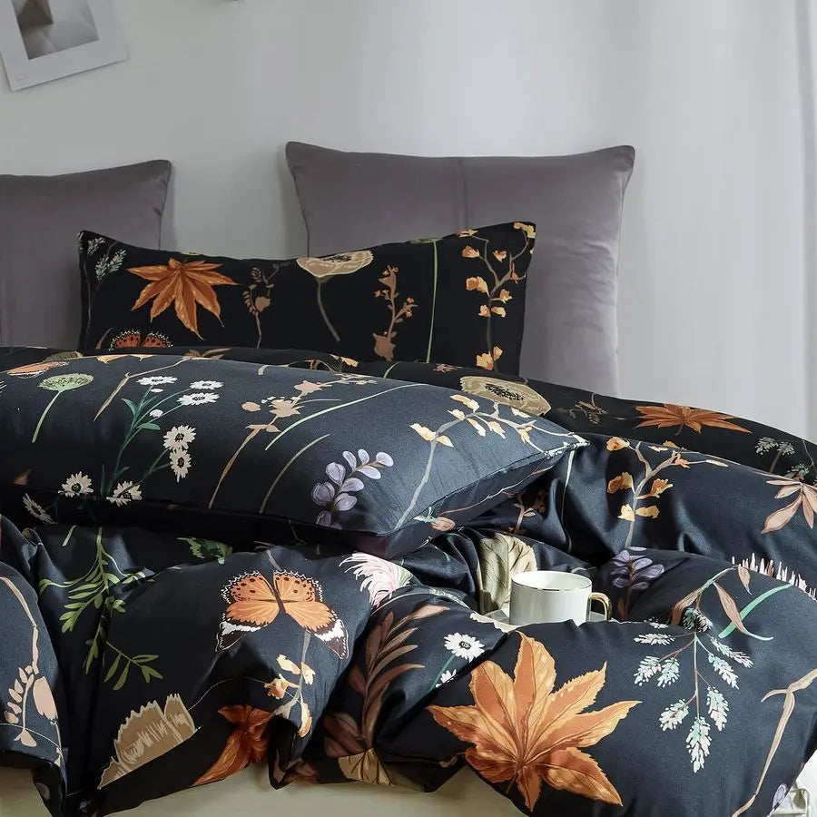 Duvet Cover King Size Black Comforter Cover with Colorful Botanical Yellow Butterfly Printed 3 Pieces Soft Microfiber Bedding Se