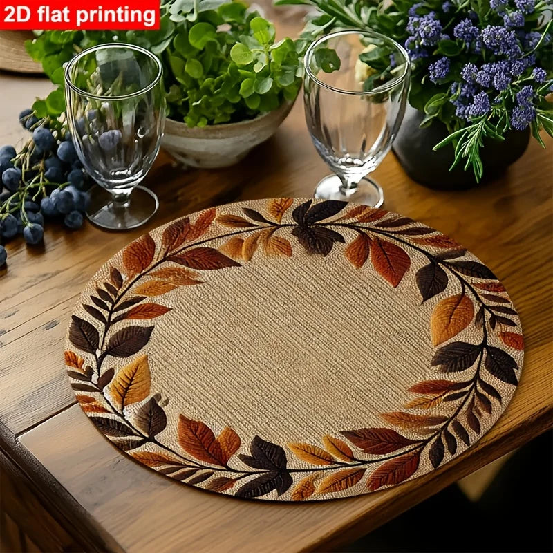 4/6/10pcs Placemat Round 2D Flat Autumn Leaf Wreath Print Table Mat Retro Fall Color Heat Insulation Dining Decor Pad