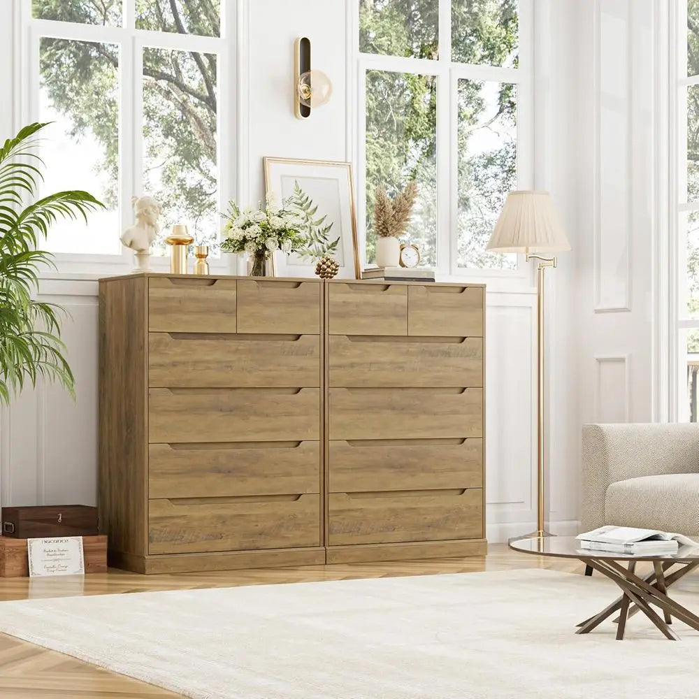 Large Rustic Brown Storage Chest with Cut-Out Handles for Bedroom, Tall Chest with Storage, Accent Storage Cabinet