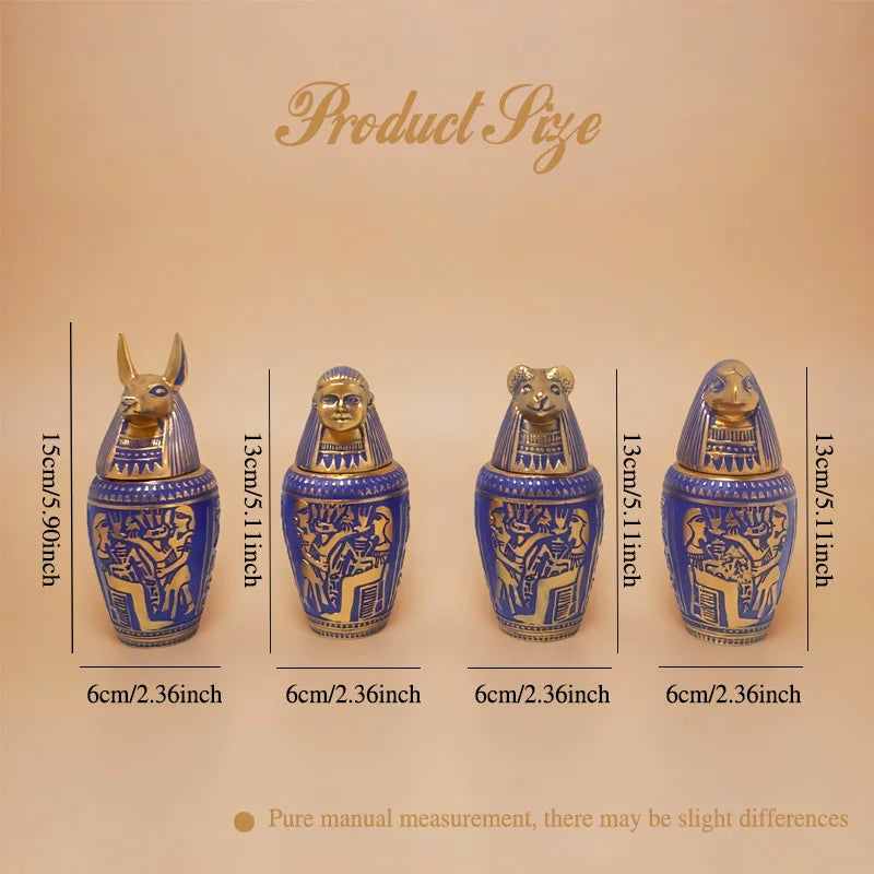 Egyptian Canopic Jars Set, Ancient Egypt God Figurines Statues, Blue & Gold Resin Decor for Home Office Bookshelf Halloween Part