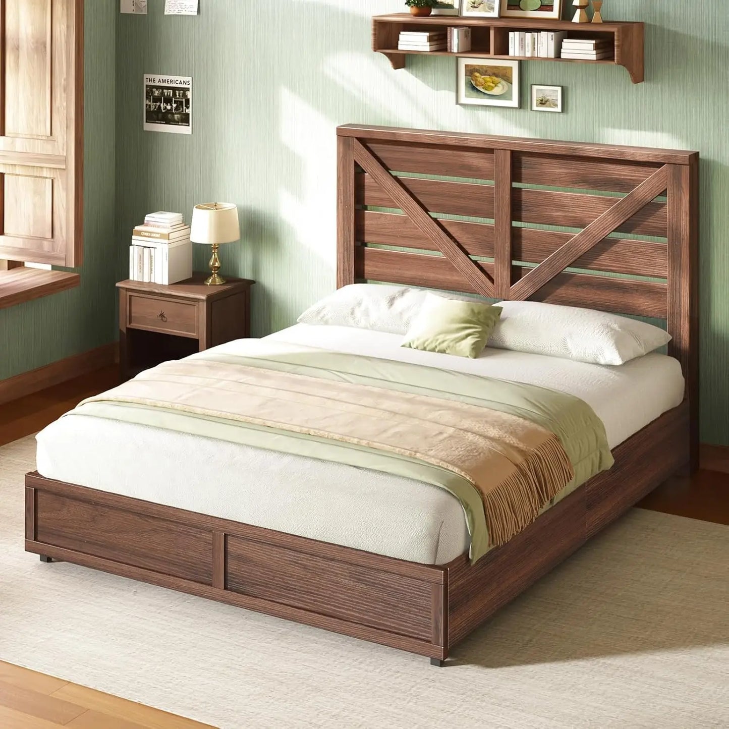 Queen Size Farmhouse Bed Frame with 4 Drawers, Wooden Storage Bed Frame with Headboard and Heavy Duty Metal Slats,Custom