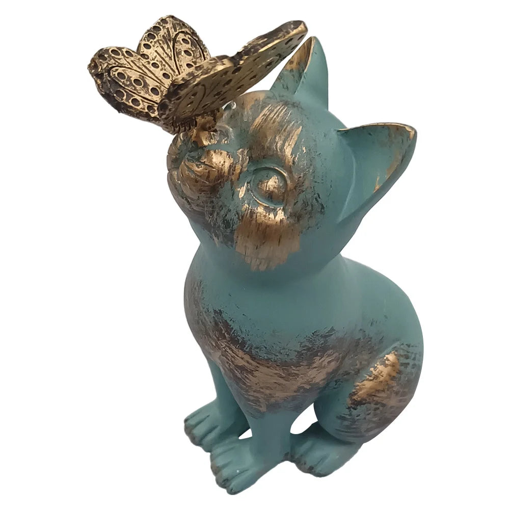 Resin Kitten Statue with Butterfly Ornament Cat Animal Sculpture Handicraft Waterproof Home Decor for Courtyard Lawn