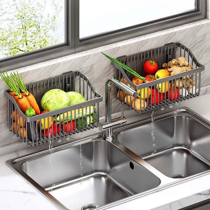 AOBT No-Drill Multifunctional Wall-Mounted Spice Rack Kitchen Storage Organizer Salt Seasoning Jar Vegetable Basket Rack