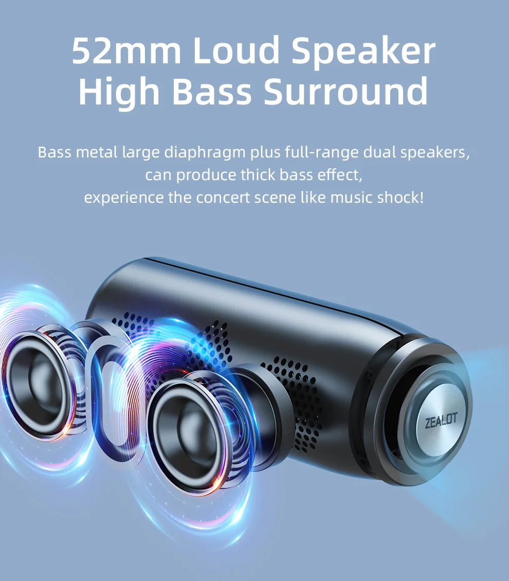 Zealot-S51 Protable Bluetooth Speaker Enhanced Bass Portable Speaker with 12H Playtime,  IPX5 Waterproof for Camping