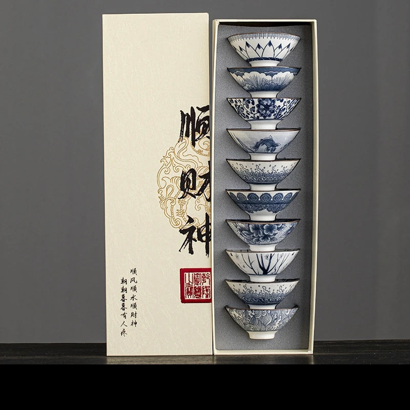 10pcs/box Blue and White Porcelain Tea Bowls Ceramic Kung Fu Small Teacups Single Master Cup with Gift Box Packaging Teaware Set