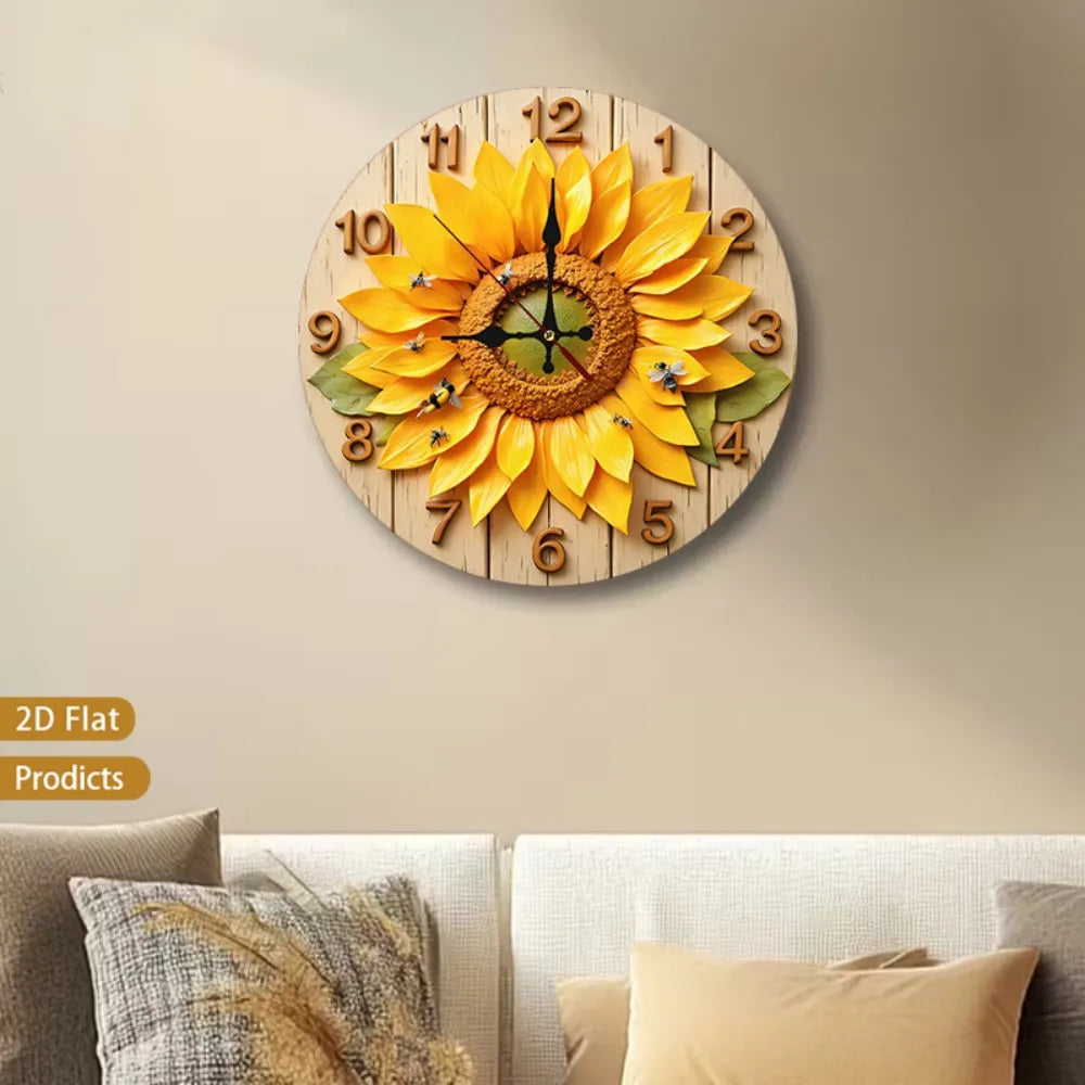 1pc 12-inch Large Sunflower & Bees Wall Clock - Silent Non-Ticking Nursery Room Decor with Wood Frame, Flower Foliage Design, Ba
