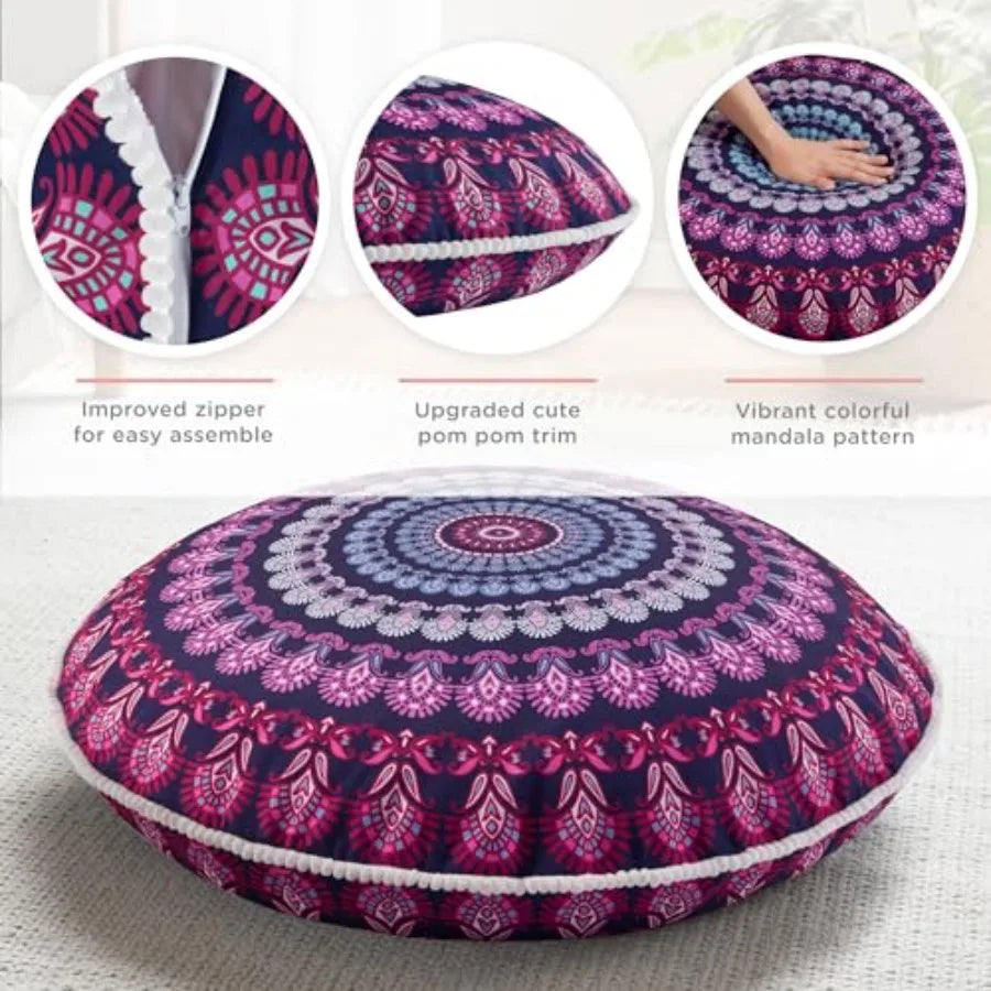 Meditation Floor Pillow Set of 2 Round Large Pillows Seating for Adults Bohemian Mandala Circle Cushion for Outdoor Fireplace Y