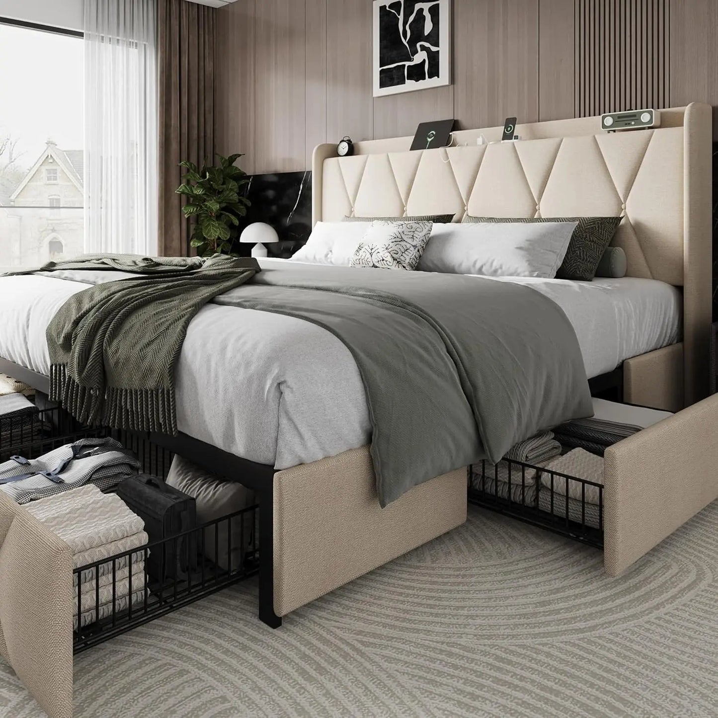 Bed Frame with 4 Storage Drawers and Charging Station Upholstered Platform Bed Frame with Storage Headboard No Box Spring Needed