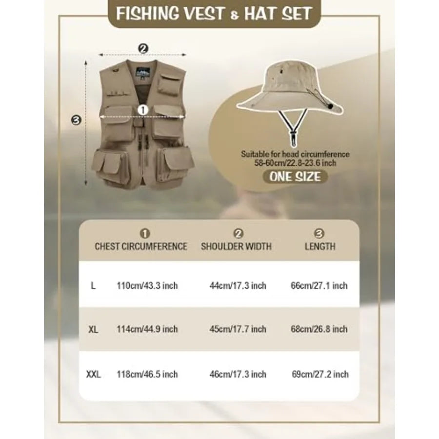 2 Pcs Men's Fishing Vest Sun Hat Multi Pocket Safari Vest for Outdoor Hiking Summer Travel