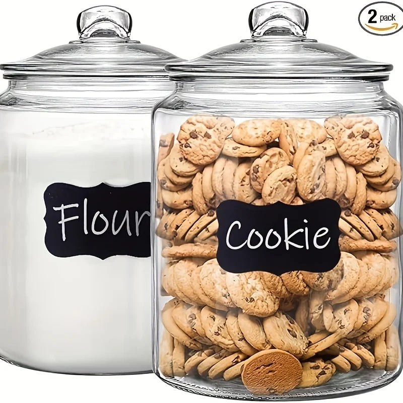 2pcs Glass Pantry Jar with Clamshell Lid for Pantry And Kitchen Countertops - Hand Washed, Reusable Round Container for Biscuits, Candy, Pasta - 1 Set Of 2pcs