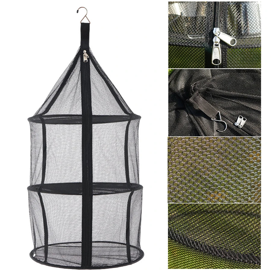Camping Supplies Three-Layer Folding Storage Net With Zipper Dry Rack Herb Bag For Herbs Flowers Buds Plants Tableware Fruits