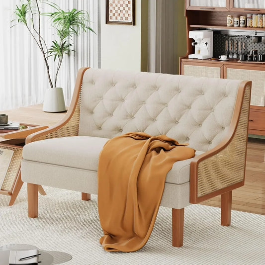 Loveseat Settee Bench with Natural Rattan Arms,Upholstered Modern Mini Sofa Couch,Banquette Dining Bench Love Seat for Living