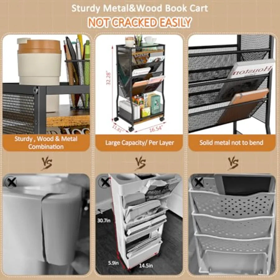 8 Tier Rolling Book Cart with Wheels, Mobile Book Storage Cart with 2 Sides Access Bookcase for Narrow Space, Rolling File Orga