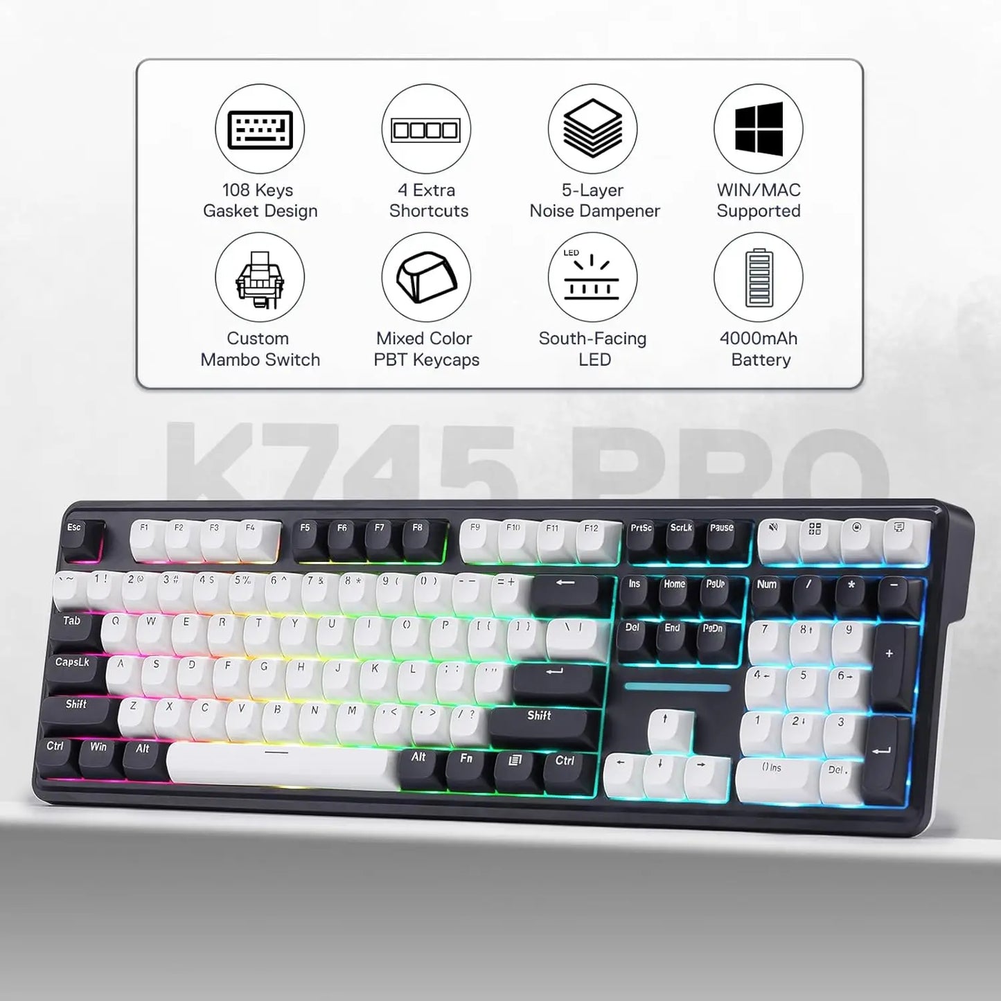 Redragon K745 PRO Wireless Gasket RGB Gaming Hot-Swap South-Facing LED Socket 108 Keys Mechanical Keyboard,White&Black