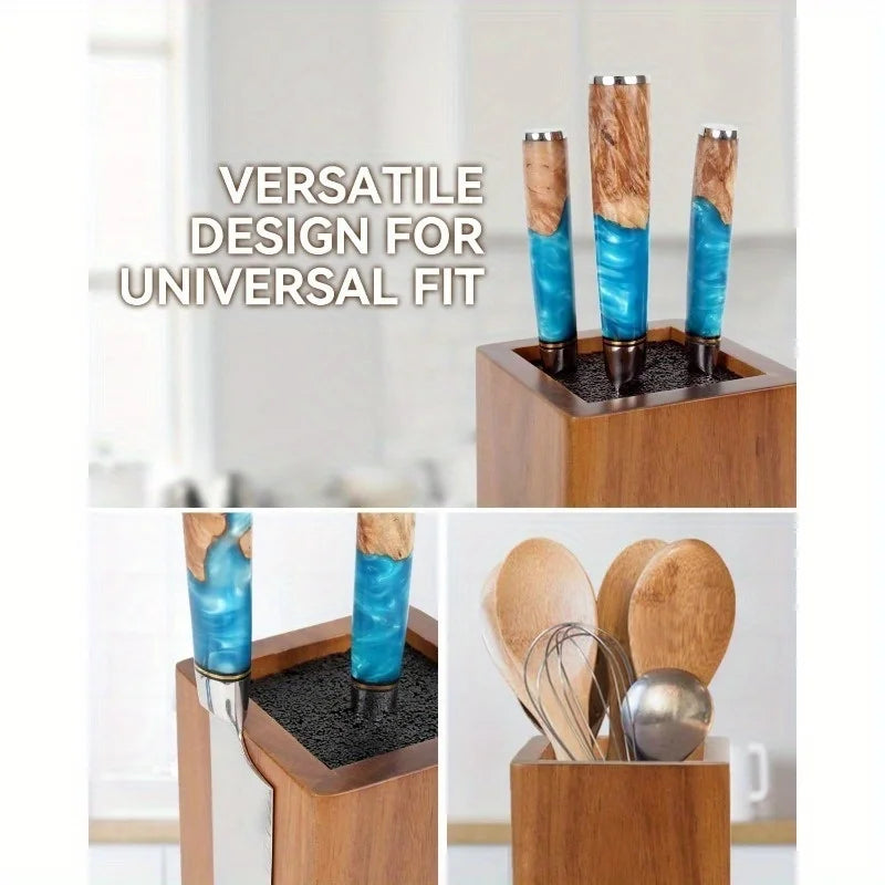 1Pc 360°Rotating Magnetic Knife Block Wood Universal Knife Holder 4‑Side Ultra‑Strong Magnets Knife Storage Rack with Removable Bristles Multifunctional Kitchen Countertop Knife Organizer