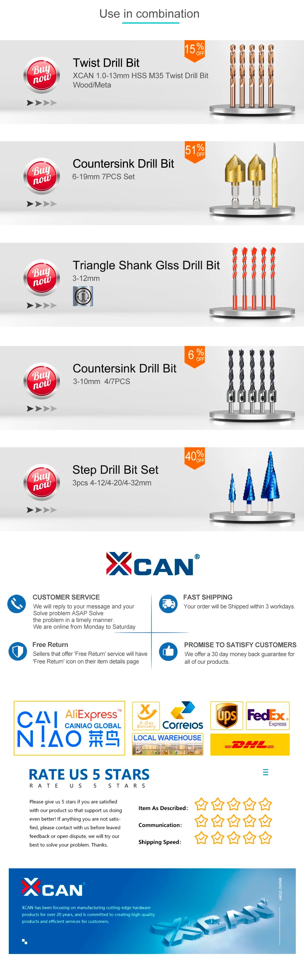 XCAN Step Drill Bit Metal Drill 4-12/20/32mm 6-30mm HSS Cobalt Step Cone Drill Bit Set Wood/Metal Hole Cutter Drilling Tool
