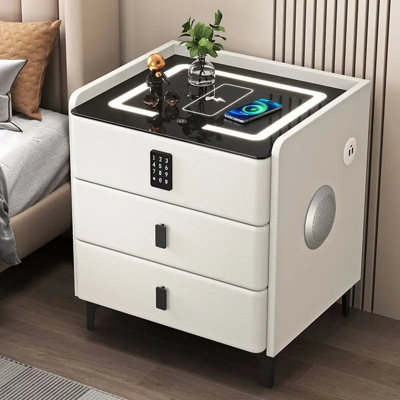 Smart Multifunctional Bedside Table with Wireless ChargerTouch Control 3-Color LEDLightModern Nightstand with Solid Wood