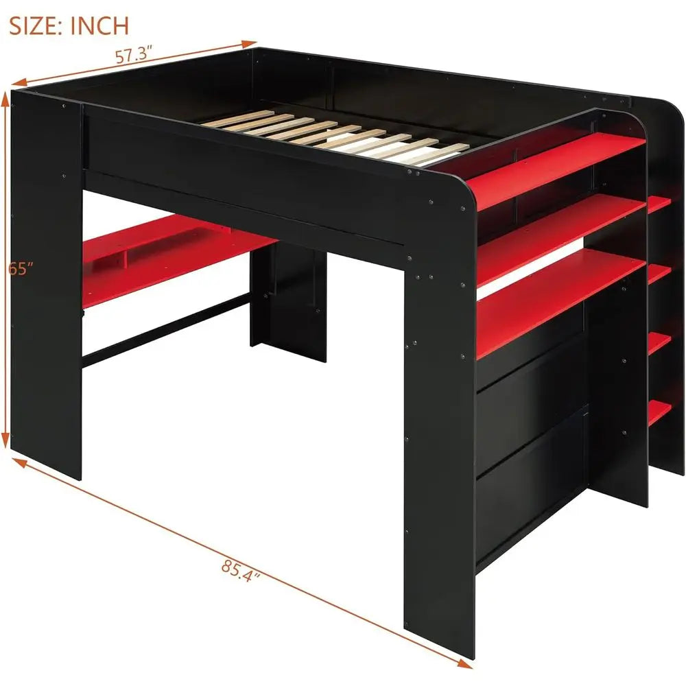 ull Size Gamer Lot Bed with Height-Adjustable Desk,Wardrobe,Ample Storage Space,and RGB Light, Wooden Bunk Bed or Gaming Setup (