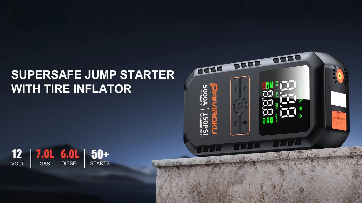 PAIVIROKU 5000A Car Jump Starter with Air Compressor 150PSI Air Pump  Auto Battery Booster Portable Power Bank Tire Inflator