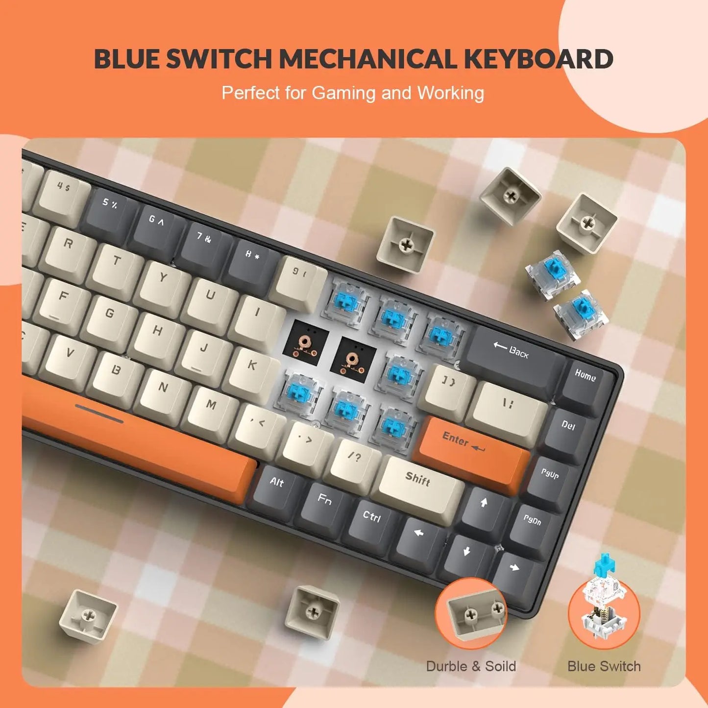 T8 Wired 65% Mechanical Gaming Keyboard with RGB Backlit Anti-ghosting TKL Mini 68 Key, Custom Coiled C to A Cable, Blue Switch
