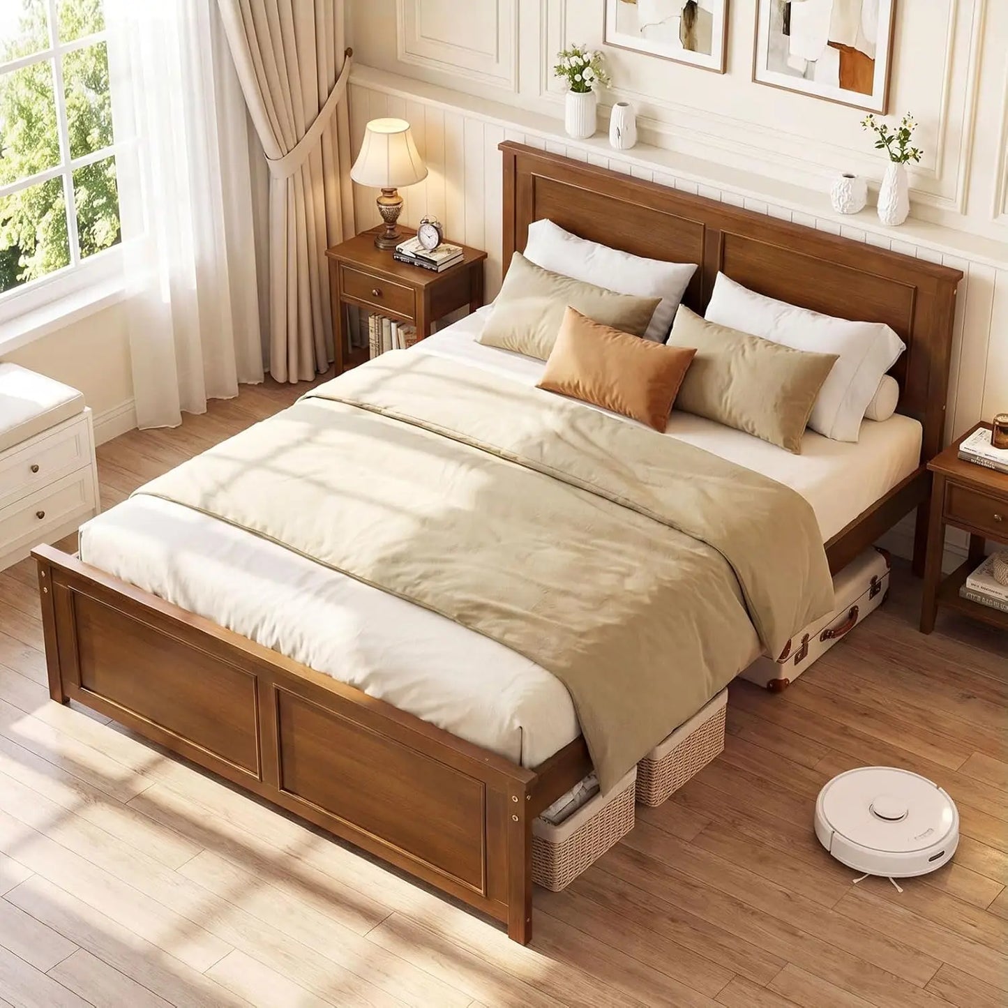 Wood Full Size Bed Frame with Headboard, Farmhouse Solid Platform Bed w/Wooden Slat Support Mattress Foundation,, Custom