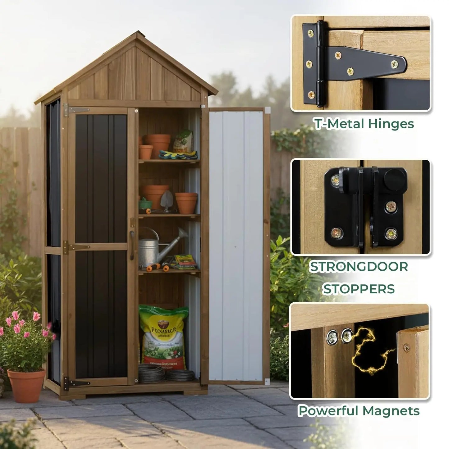 Wood & Metal Outdoor Storage Cabinet with Lockable Doors & Sloping Roof for Patio Backyard Garden Tool, Brown, Custom