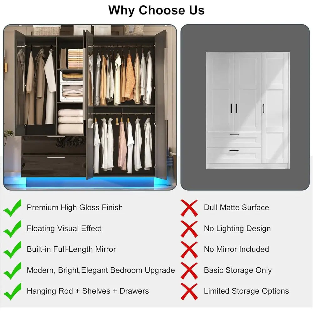70” Tall 4 DoHigh Gloss Armoire Wardrobe Closet 2 Mirror, LED Lights, 2 Ders,63" ern Closet Wardrobe Cabinet with Shelves and Ha