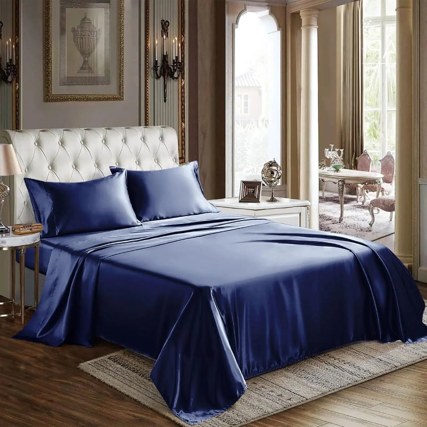 Satin Sheets Queen Size 4 Piece Bed Sheet Set with Silky Deep Pocket Fitted Sheet Flat Sheet and 2 Pillowcases