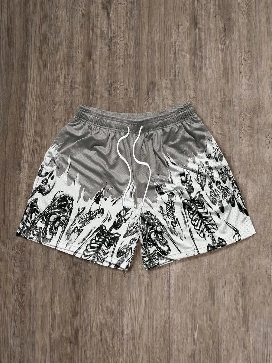 Mens Skull Print Casual Shorts With Drawstring Waist