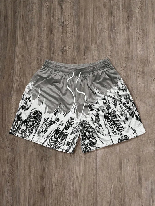 Mens Skull Print Casual Shorts With Drawstring Waist