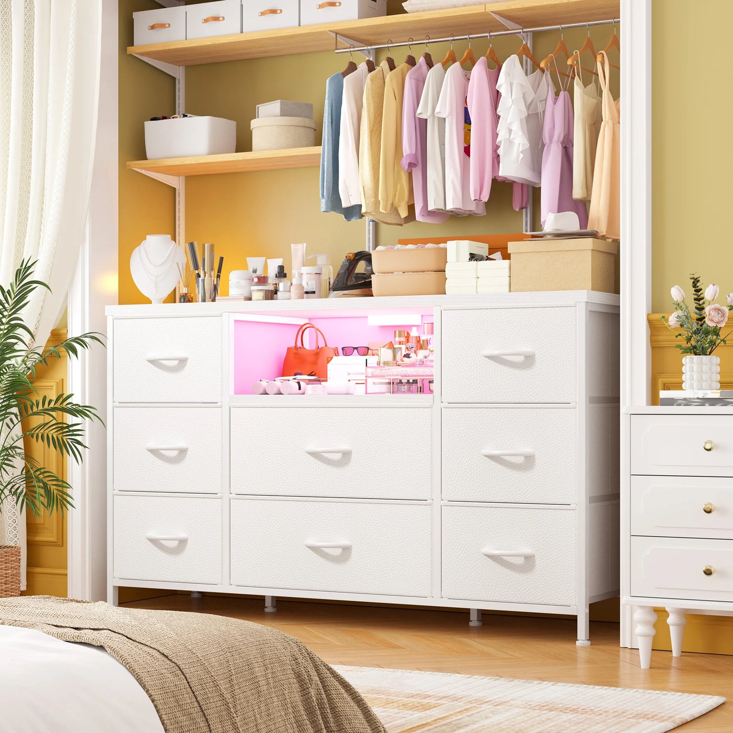 EnHomee 8-Drawer Media Dresser with LED Lighting & Built-in Charging Station - Fabric Storage Cabinet for 55" TVs, Ideal for Bedroom