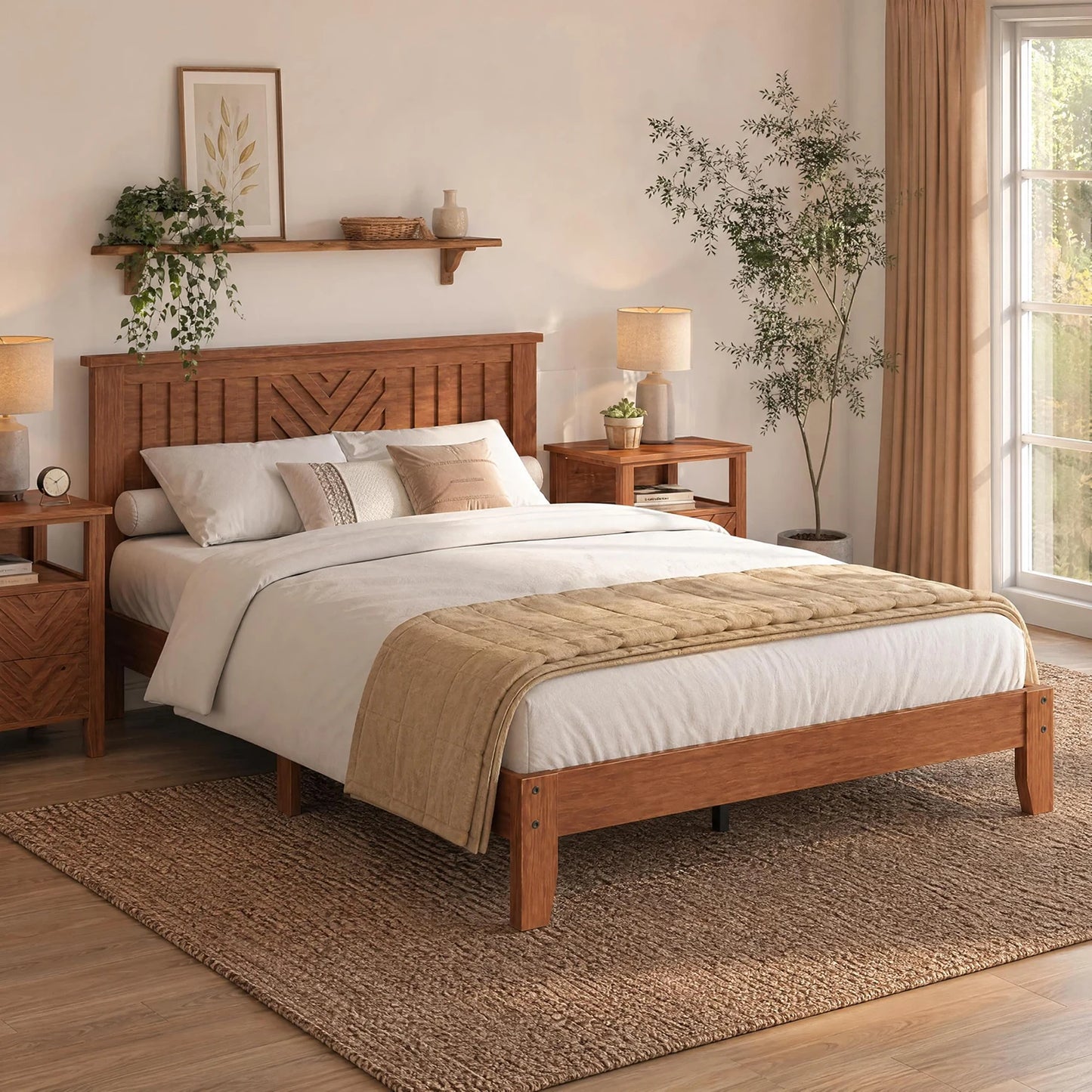 Full Queen King Wooden Platform Bed Frame With V Pattern Headboard, Noise Free Wood Slats, Underbed Storage, No Box Spring Needed