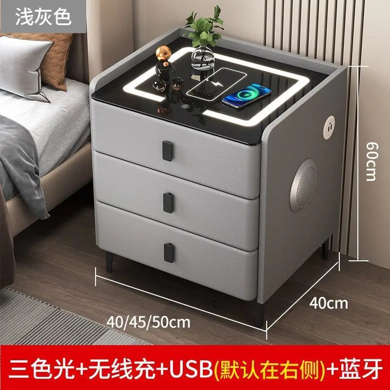 Smart Multifunctional Bedside Table with Wireless ChargerTouch Control 3-Color LEDLightModern Nightstand with Solid Wood