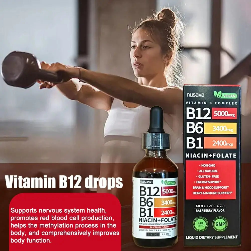 Vitamin B1 B6 B12 Multiple Vitamin B Complex Liquid Drops Raspberry Flavor Vegan Non-GMO Supplement 60ml Per Bottle Daily Supply