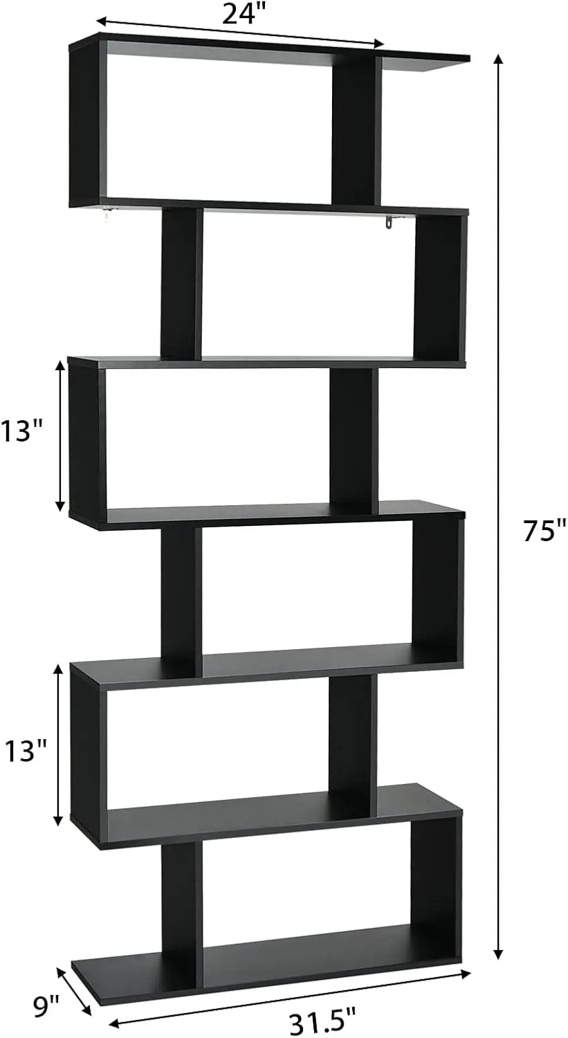 6 Tier S Shaped Bookshelf, 31.5L x 9W x 75H Wooden Bookcase