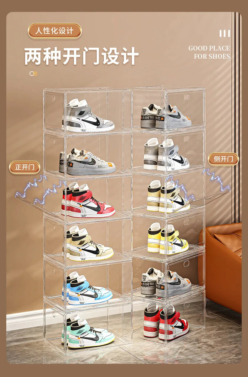 Large AJ Sneaker Organizer Box Thickened Transparent Shoe Box with Magnetic Closure Stackable Multi-Layer Shoe Storage Organizer
