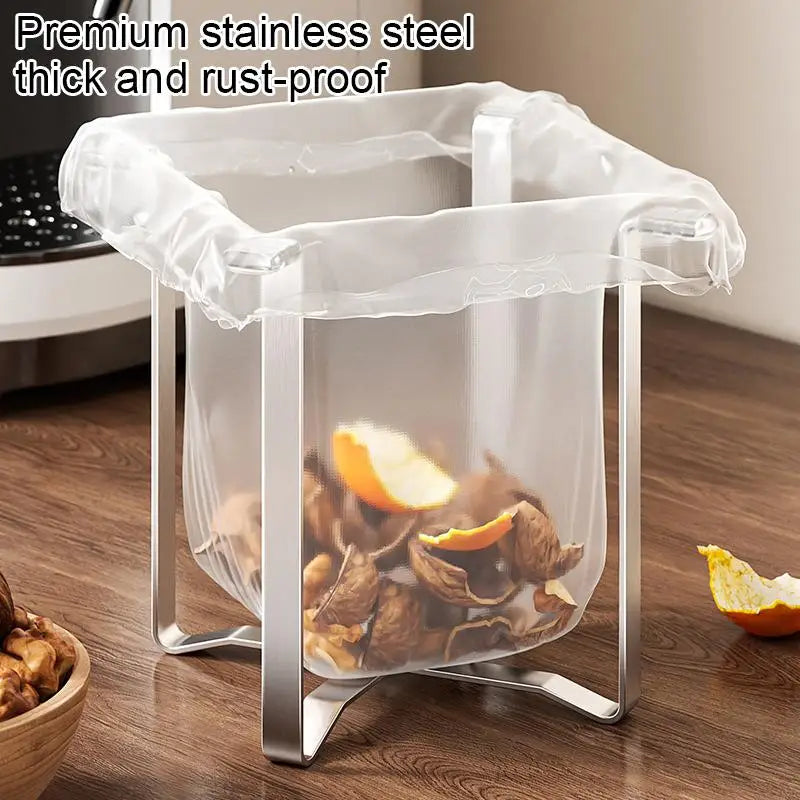 Foldable Garbage Bag Holder Stainless Steel Trash Bag Stand Countertop Waste Bag Support Rack Kitchen Sink Food Scrap Organizer
