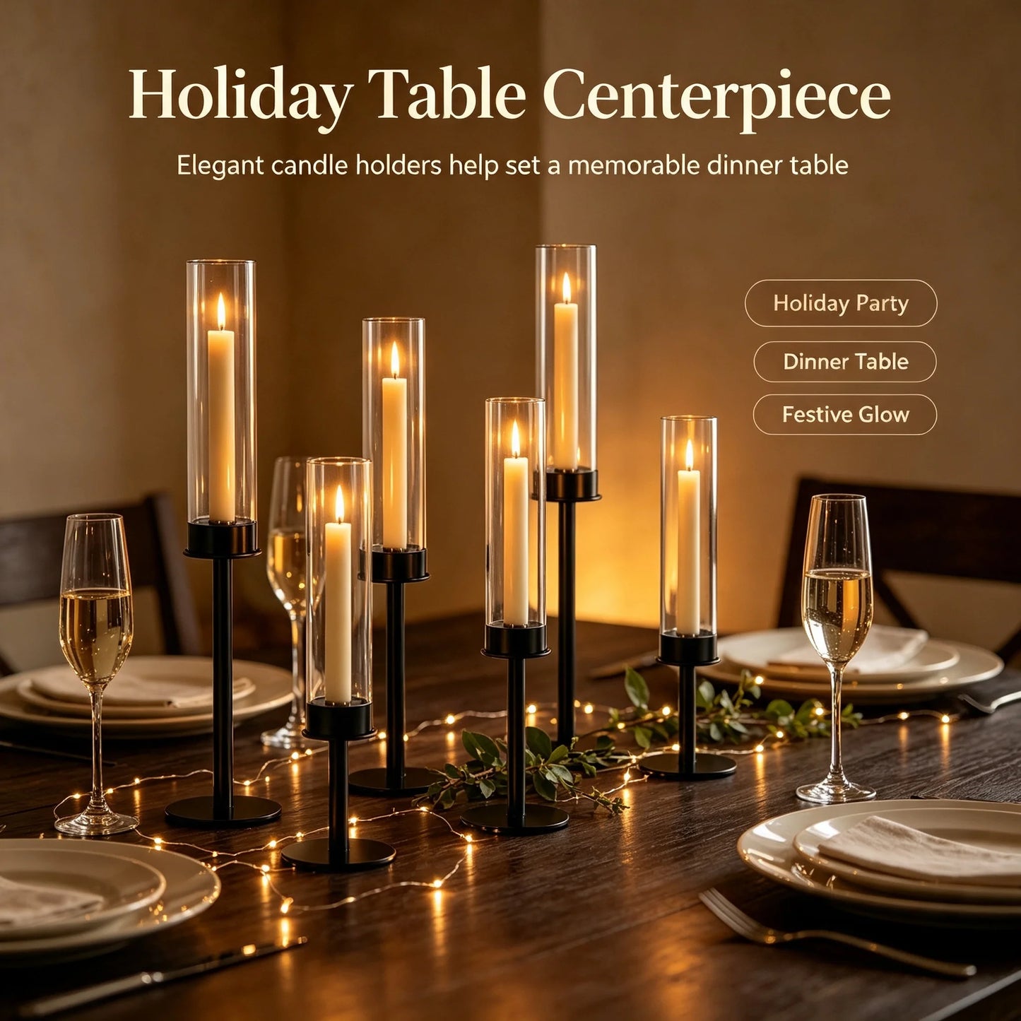 3pcs Black Minimalist Hurricane Candle Holder Set with Stable Base Modern Table Ornament for Dining Table Wedding Indoor Decorat