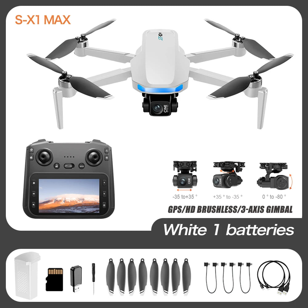 S-X1 MAX GPS Drone Professional 4K Camera 3-axis Gimbal Aerial FPV Brushless Security Drone with Large Screen Control Quadcopter