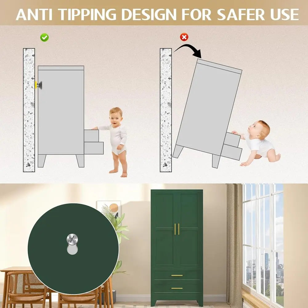 Green Metal Wardrobe Cabinet with Hanging Rod, 2 Doors, Adjustable Shelf, Drawers for Bedroom, Closet, and Storage
