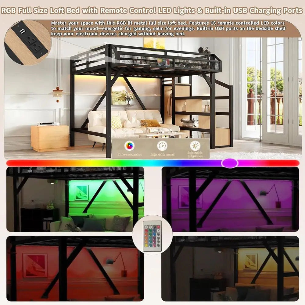 Storage Staircase Bed with Shelves, Built-in Wardrobe, USB Ports, LED Lights, and Noise-Reduced Design in Natural Wood