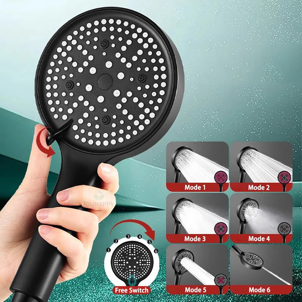 High Pressure Shower Head Set Water Saving Rainfall Spray Handheld 6 Jet Modes Shower Head with Hose Bathroom Accessories