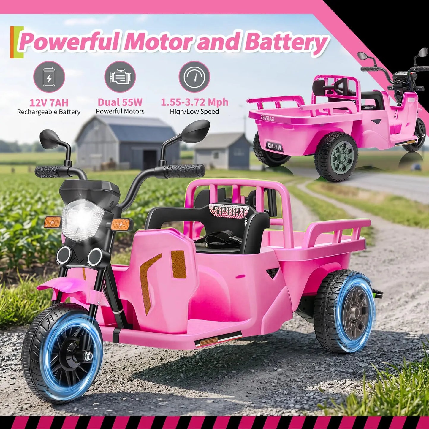 Kids Electric Tricycle Ride On Motorcycle With Bluetooth Music