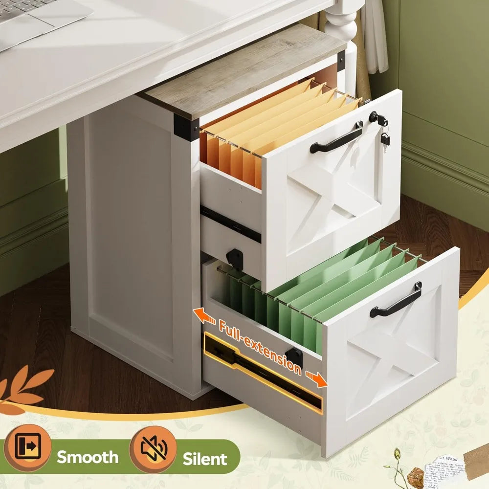 2 Drawer File Cabinet with Lock, Wood Farmhouse Filing Cabinet for Home Office, Printer Stand Fits Letter and A4 Size