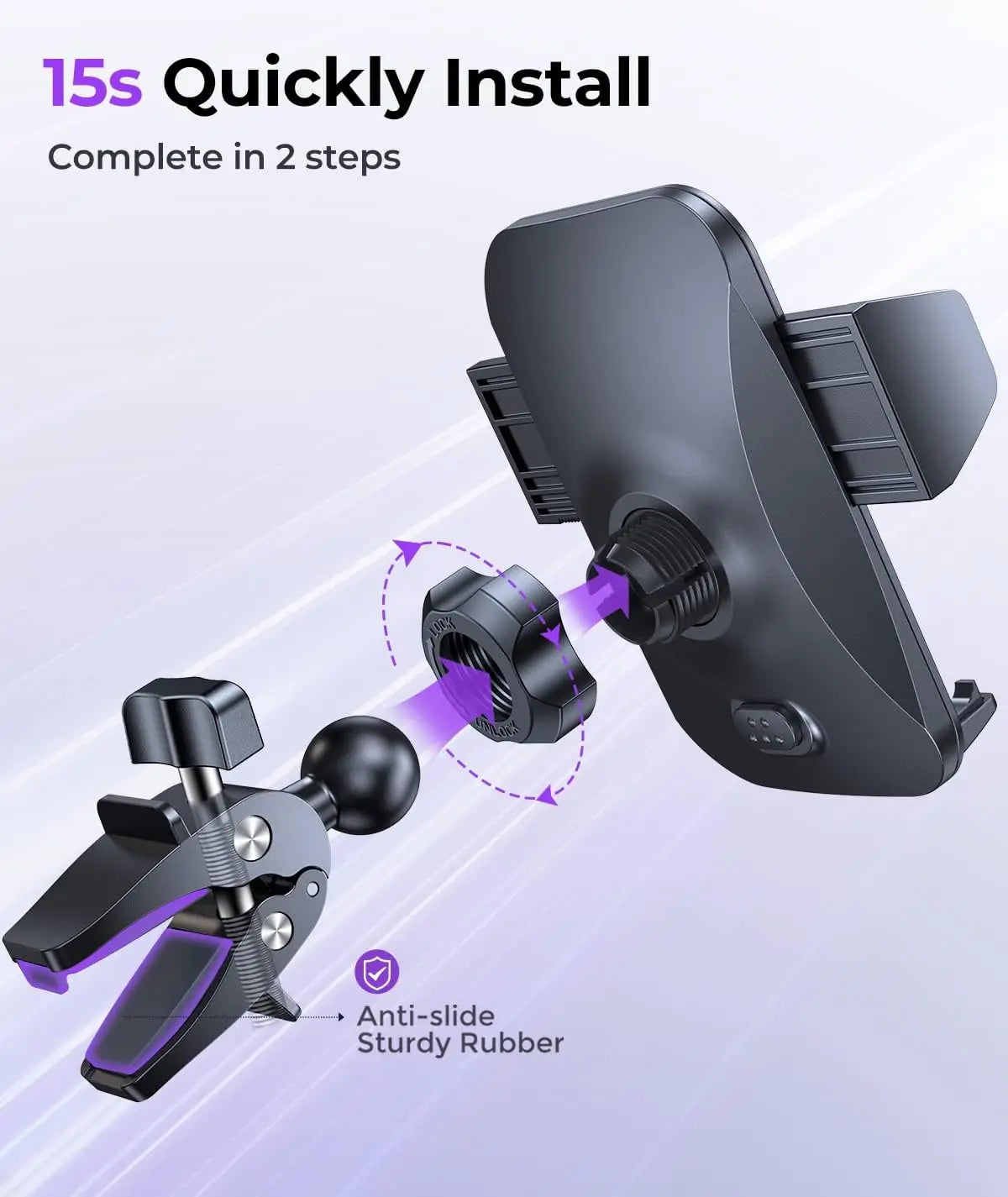 Car Phone Holder, Hands-Free Mount with Thick Case Friendly for iPhone Samsung Smartphone, 360° Rotation