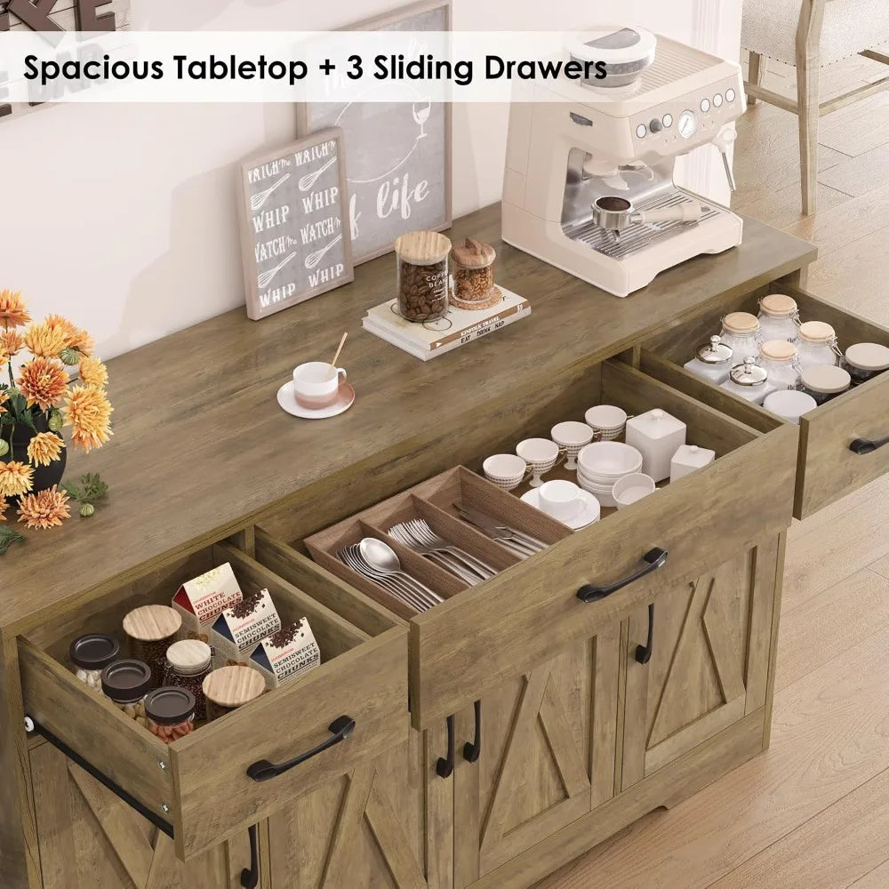 HOSTACK Kitchen Buffet Cabinet with Doors & Drawers, 55"W Farmhouse Sideboard, Adjustable Shelves