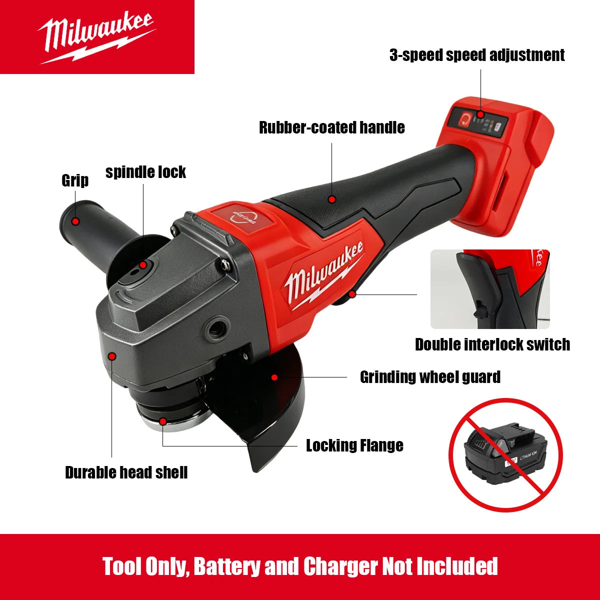 Milwaukee 8500RPM 3 Gears Adjustable Speed Angle Grinder 100mm 125mm Wheel Diameter Electric Polishing Cutting Grinding Tool
