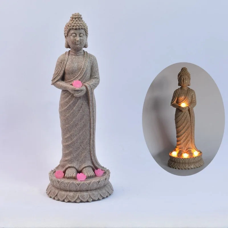 Buddha Figurines, Chinese-style Zen Garden Statues Solar-powered Garden Lights Horticultural Landscape Decorations Resin