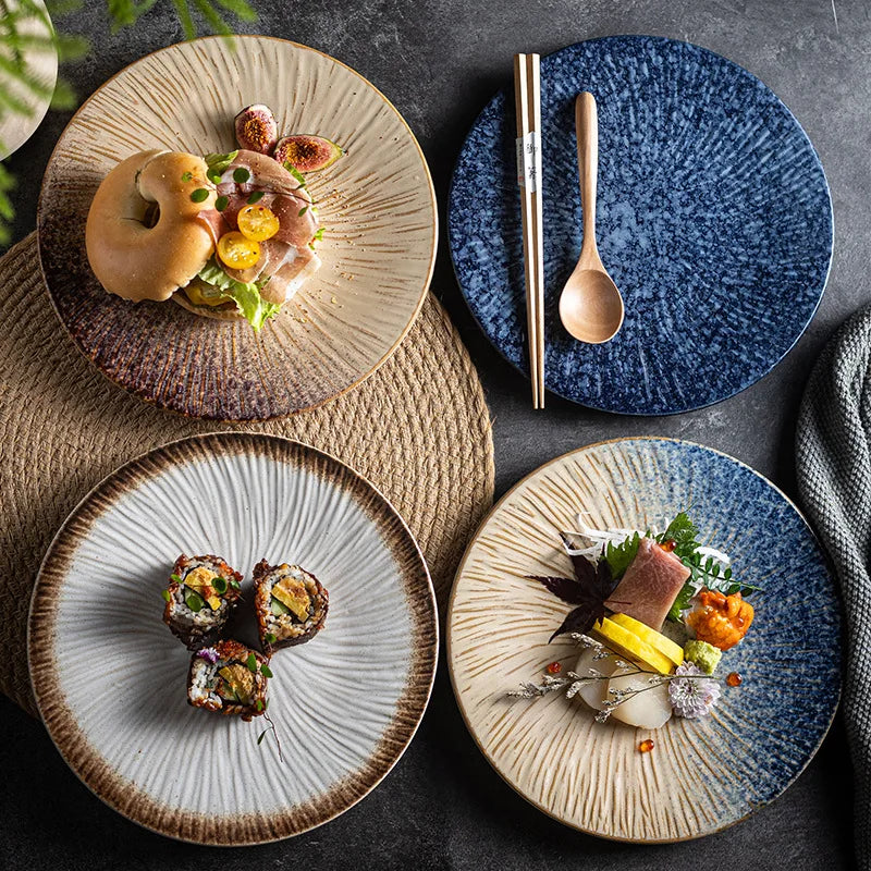 Ceramic Steak Plates Set Dinnerware Underglaze Flat Round Plates for Home Kitchen Restaurant Service